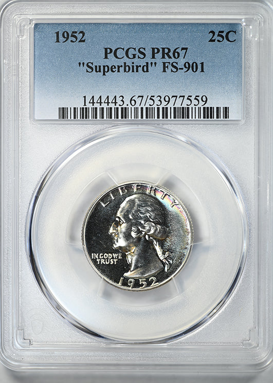 1952 Proof Washington Quarter 25C PCGS PR67 "Superbird" FS-901 - TONED!