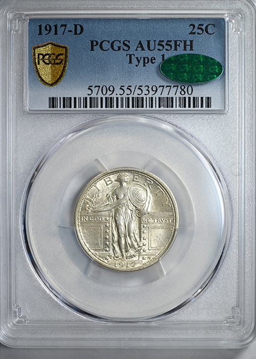 1917-D Type 1 Standing Liberty Quarter 25C PCGS AU55FH CAC - Full Head