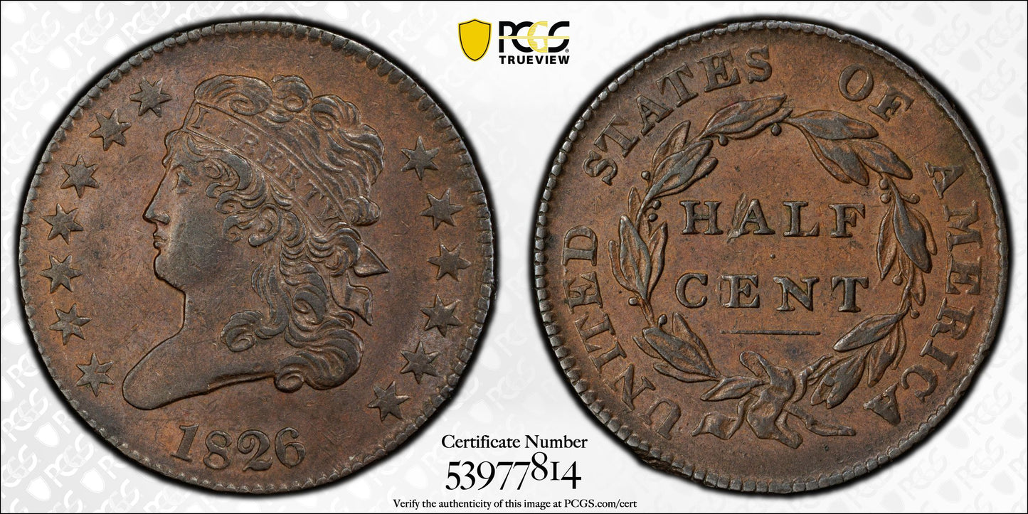 1826 Classic Head Half Cent 1/2C PCGS AU55 CAC