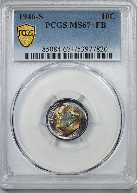 1946-S Roosevelt Dime 10C PCGS MS67+FB - Full Bands - TONED!