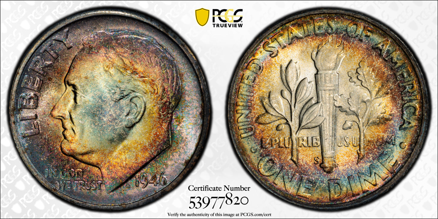 1946-S Roosevelt Dime 10C PCGS MS67+FB - Full Bands - TONED!