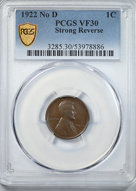1922 No D Lincoln Wheat Cent 1C PCGS VF30 - Strong Reverse