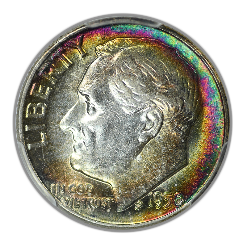 1958 Roosevelt Dime 10C PCGS AU58 - RAINBOW TONED!