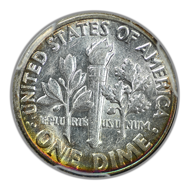 1958 Roosevelt Dime 10C PCGS AU58 - RAINBOW TONED!