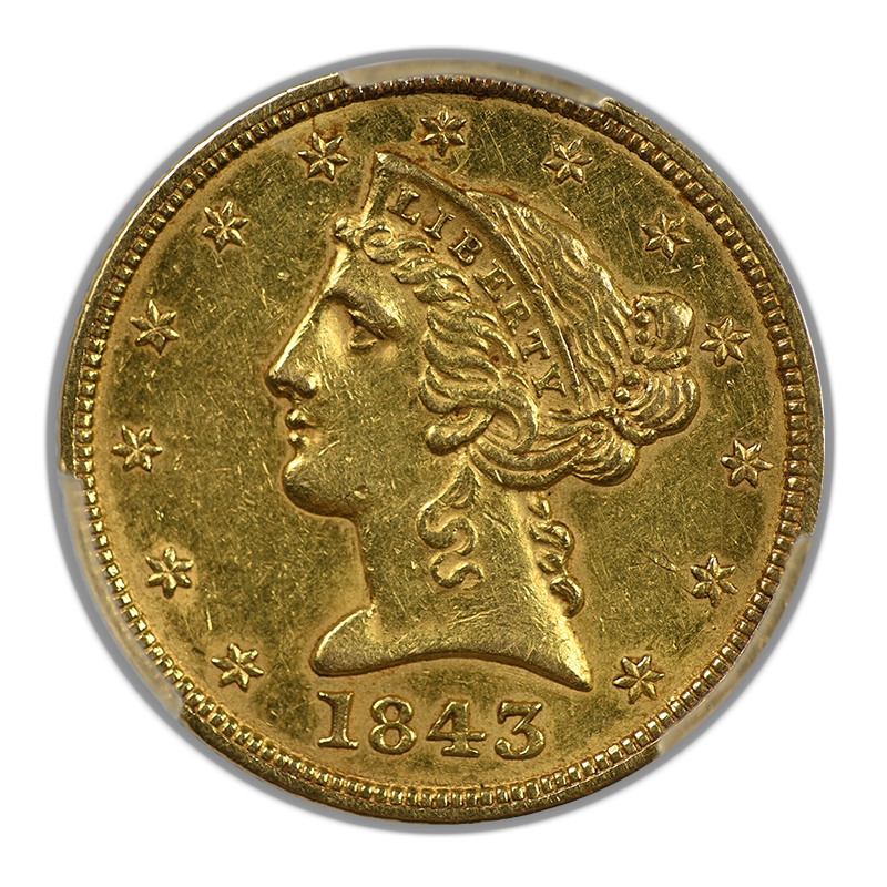 1843 Liberty Head Gold Half Eagle $5 PCGS AU53