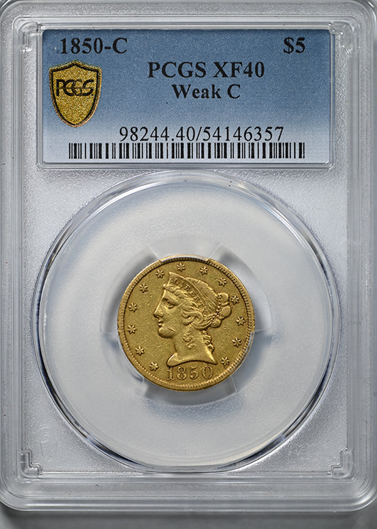 1850-C Liberty Head Gold Half Eagle $5 PCGS XF40 Weak C - CHARLOTTE GOLD!