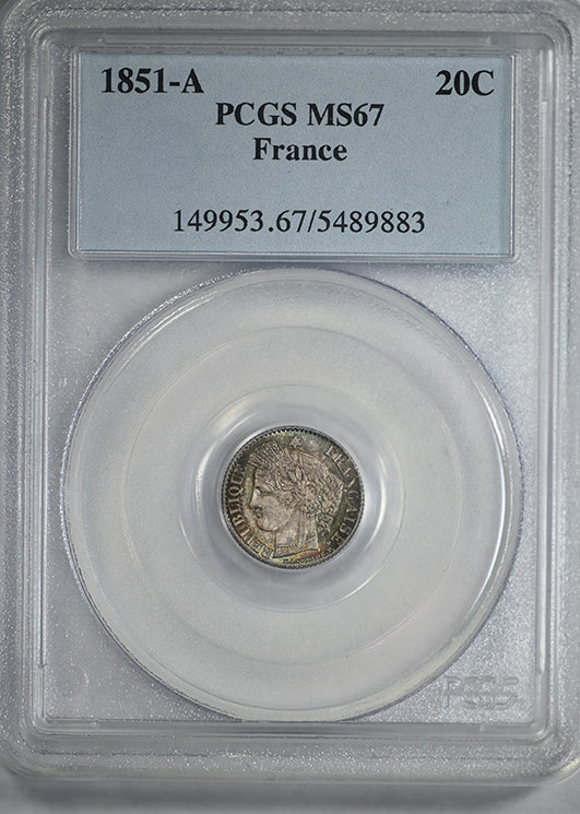 1851-A France 20C Centimes PCGS MS67 - TONED!
