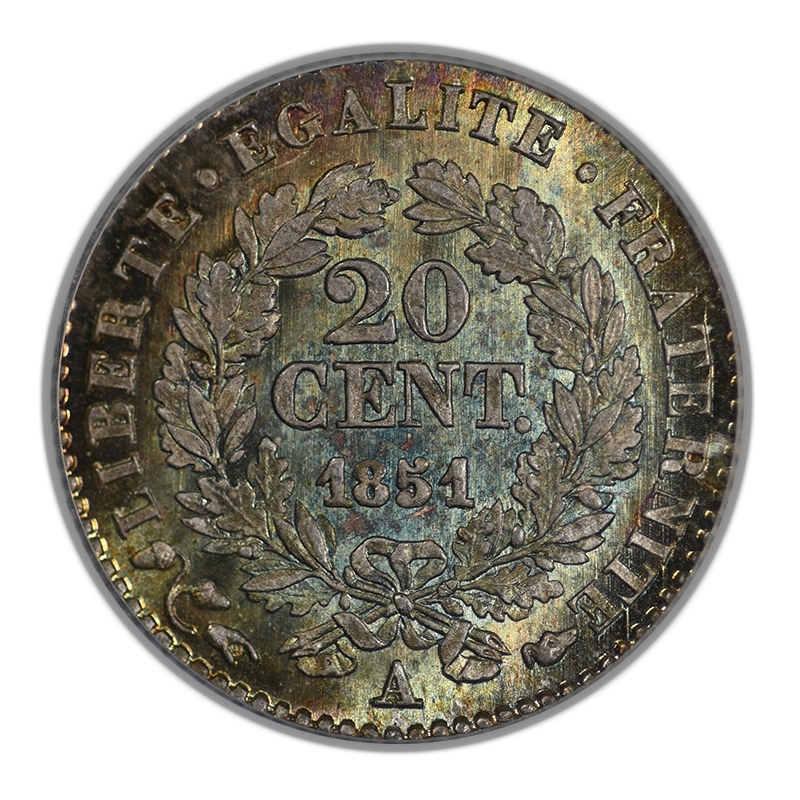 1851-A France 20C Centimes PCGS MS67 - TONED!