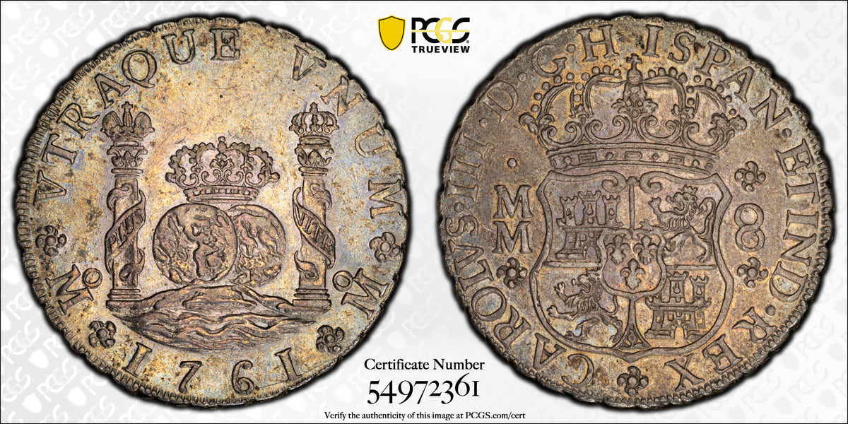 1761-Mo MM Mexico Pillar Dollar 8R Reales PCGS AU50 Calico-1075 + Between H I