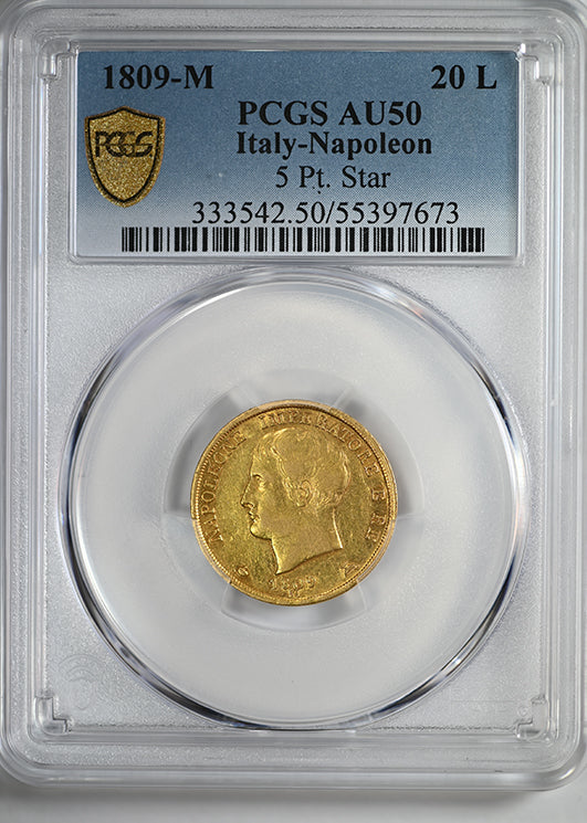 1809-M Italy-Napoleon Gold 20L Lire PCGS AU50 - 5 Pt. Star
