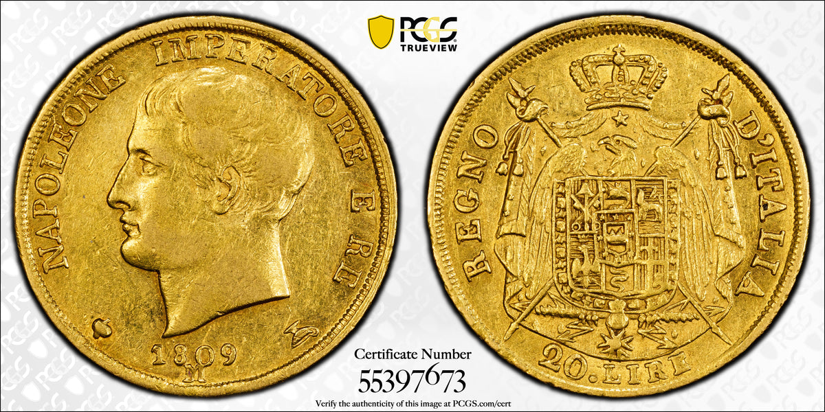 1809-M Italy-Napoleon Gold 20L Lire PCGS AU50 - 5 Pt. Star