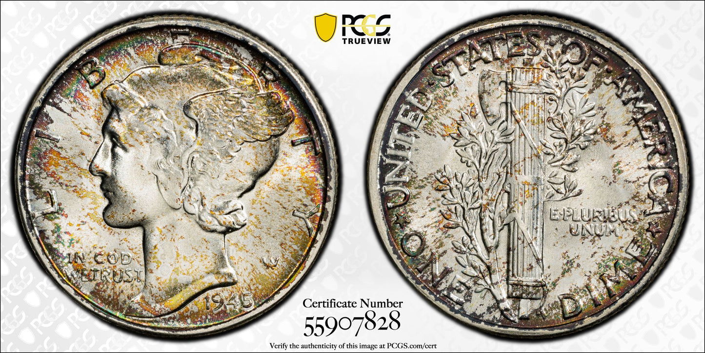 1945 Mercury Dime 10C PCGS MS67+ CAC - TONED!