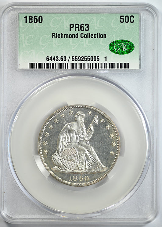 1860 Proof Liberty Seated Half Dollar 50C CAC PR63 Obverse Slab