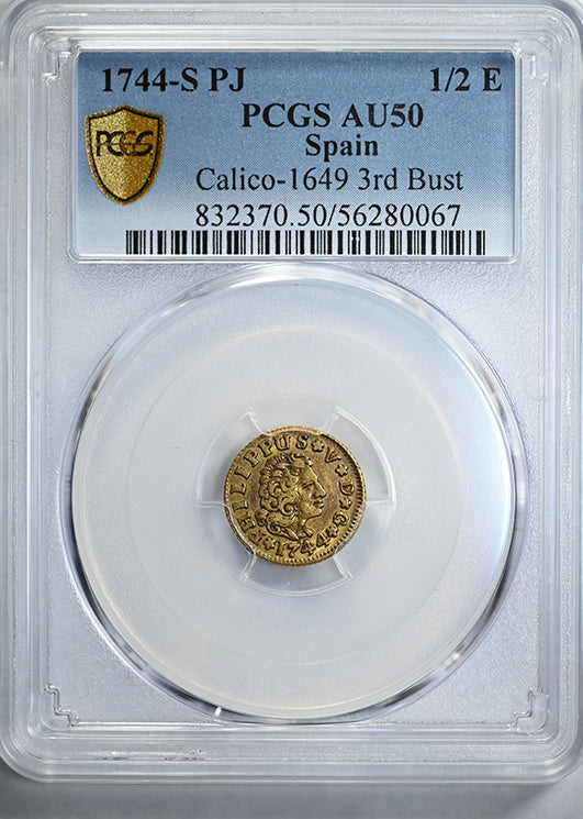 1744-S PJ Spain Gold 1/2E Escudo PCGS AU50 Calico-1649 3rd Bust