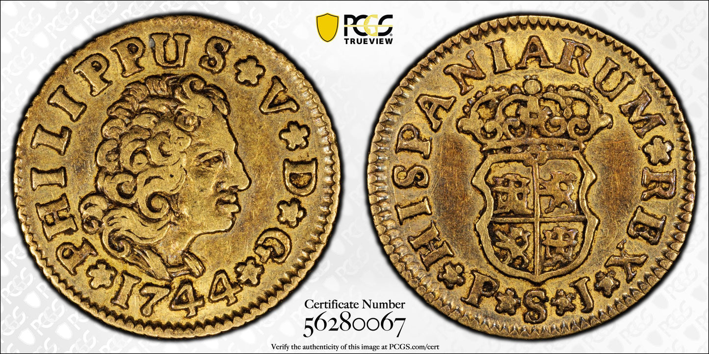 1744-S PJ Spain Gold 1/2E Escudo PCGS AU50 Calico-1649 3rd Bust