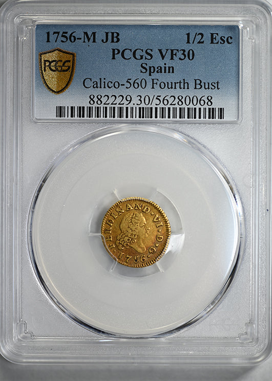1756-M JB Spain Gold 1/2E Escudo PCGS VF30 Calico-560 Fourth Bust