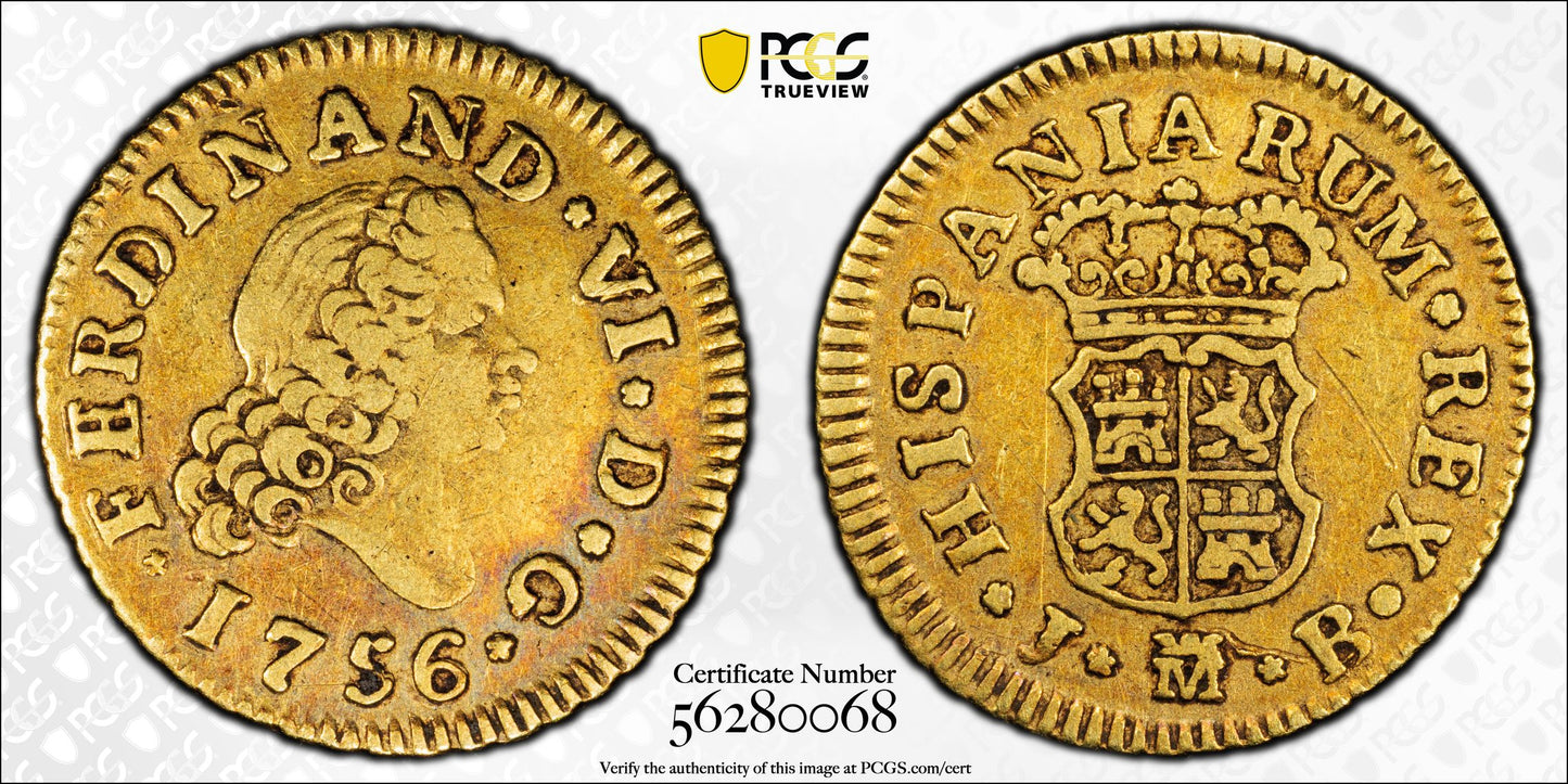1756-M JB Spain Gold 1/2E Escudo PCGS VF30 Calico-560 Fourth Bust