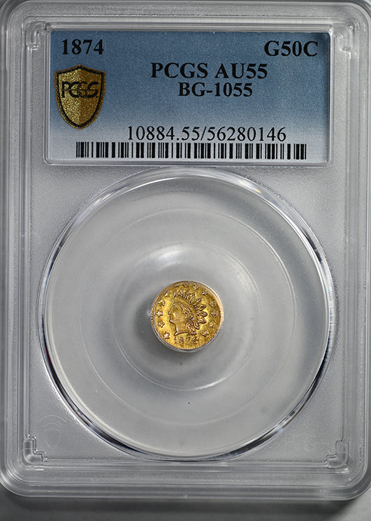 1874 Round California Fractional Gold Indian Head 1/2 Dollar G50C PCGS AU55 BG-1055