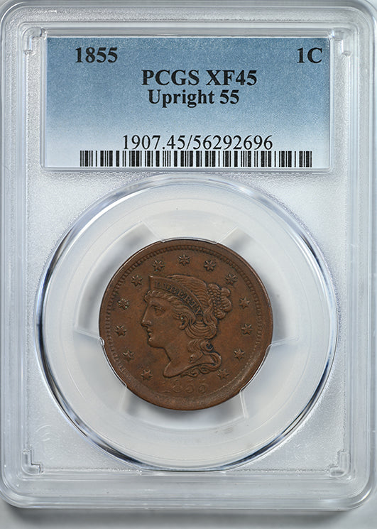1855 Braided Hair Liberty Head Large Cent 1C PCGS XF45 - Upright 55