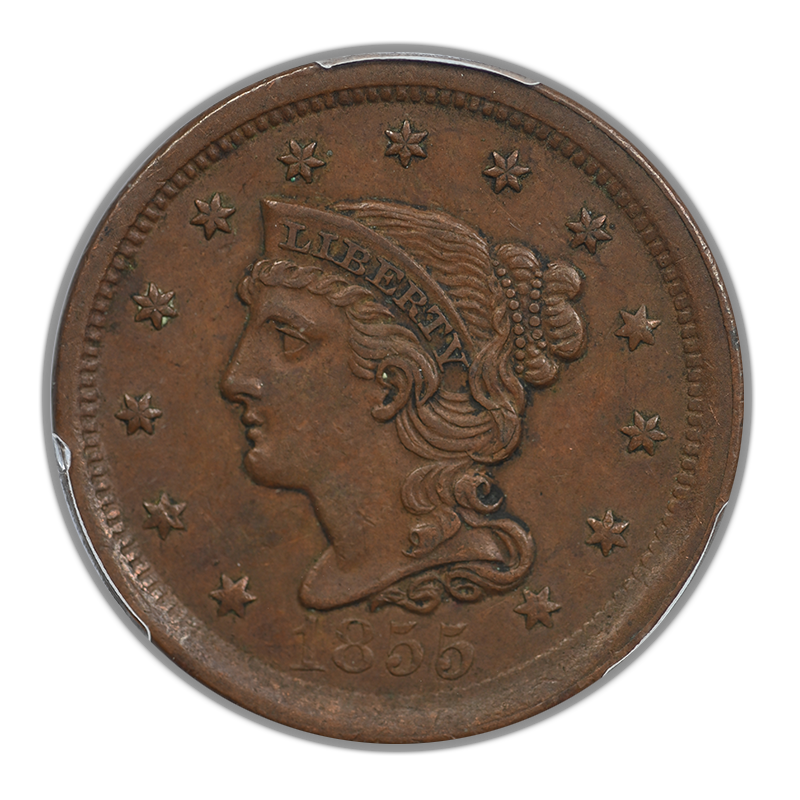 1855 Braided Hair Liberty Head Large Cent 1C PCGS XF45 - Upright 55