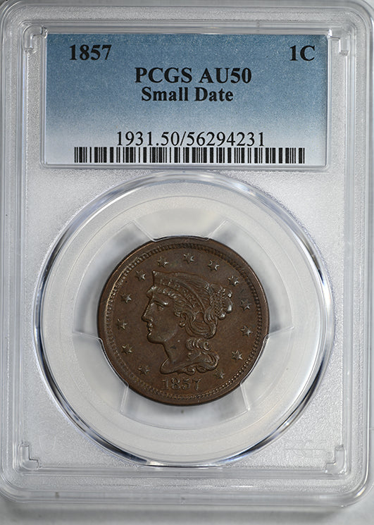 1857 Braided Hair Liberty Head Large Cent 1C PCGS AU50 - Small Date