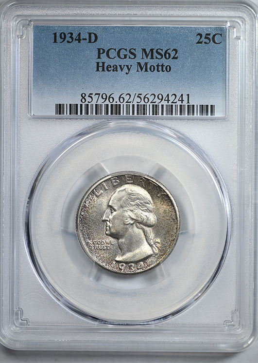 1934-D Washington Quarter 25C PCGS MS62 - Heavy Motto