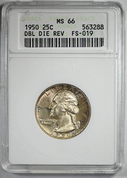 1950 Doubled Die Reverse Washington Quarter 25C ANACS Soapbox MS66 FS-019