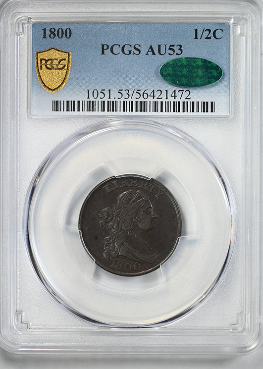 1800 Draped Bust Half Cent 1/2C PCGS AU53 CAC