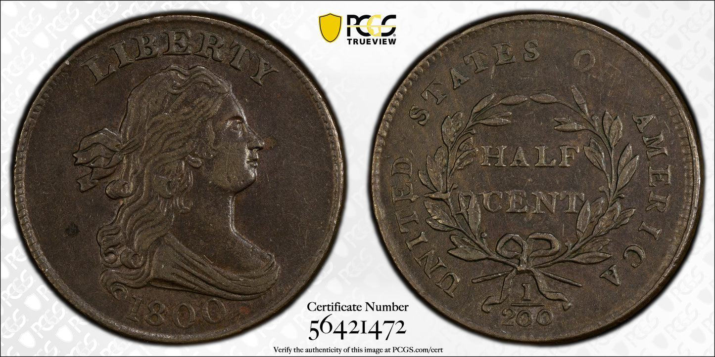 1800 Draped Bust Half Cent 1/2C PCGS AU53 CAC