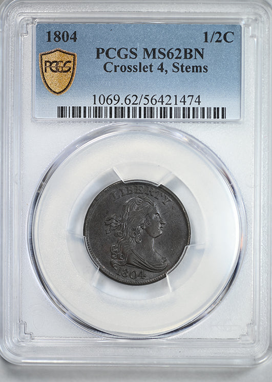 1804 Draped Bust Half Cent 1/2C PCGS MS62BN - Crosslet 4, Stems