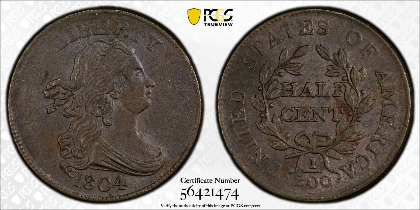 1804 Draped Bust Half Cent 1/2C PCGS MS62BN - Crosslet 4, Stems