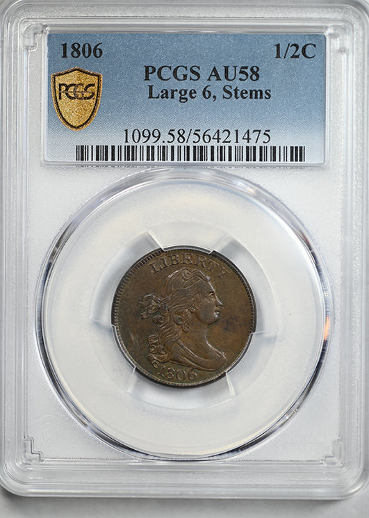 1806 Draped Bust Half Cent 1/2C PCGS AU58 - Large 6, Stems