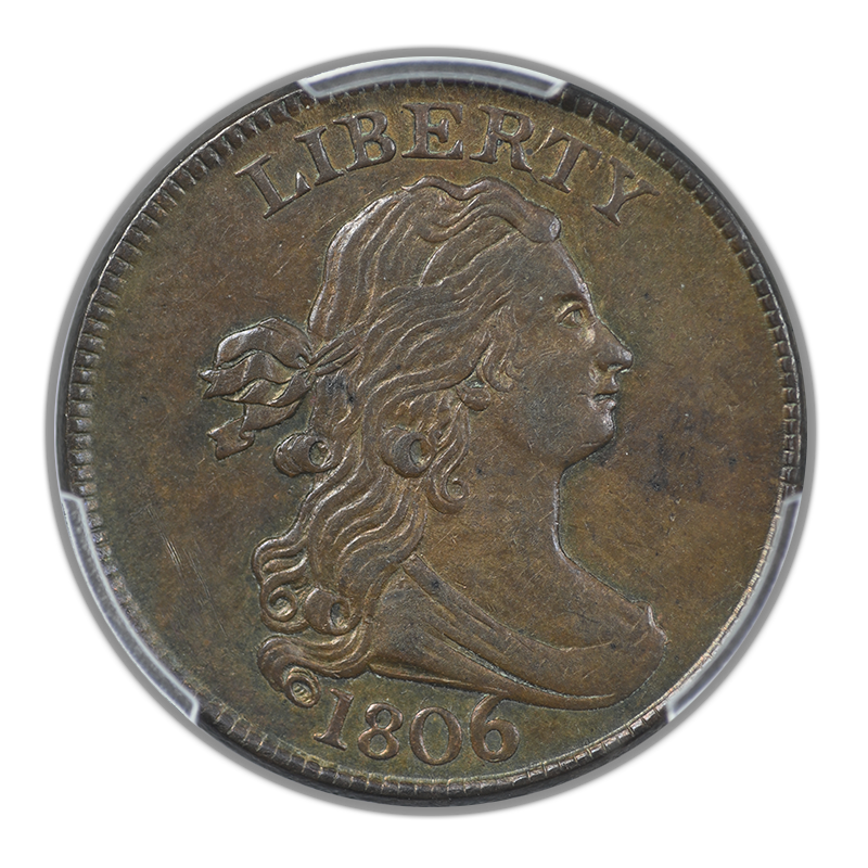 1806 Draped Bust Half Cent 1/2C PCGS AU58 - Large 6, Stems
