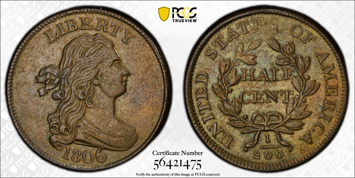 1806 Draped Bust Half Cent 1/2C PCGS AU58 - Large 6, Stems
