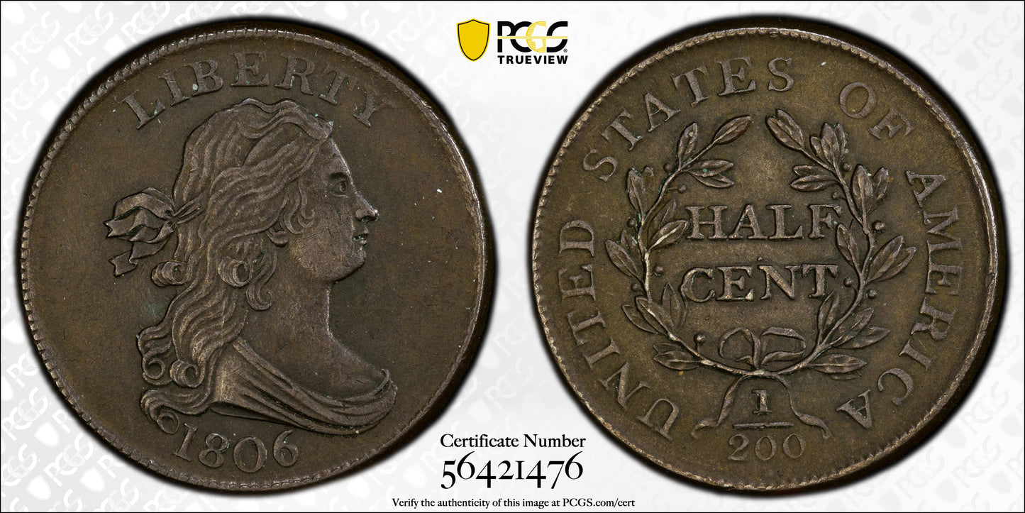 1806 Draped Bust Half Cent 1/2C PCGS AU50 - Small 6, No Stems