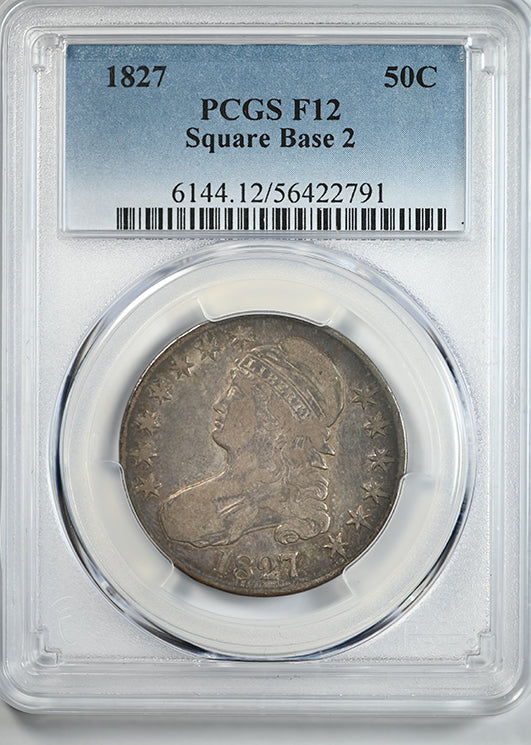 1827 Capped Bust Half Dollar 50C PCGS F12 - Square Base 2 - TONED!