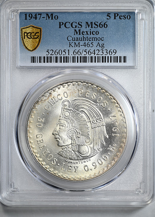 1947-Mo Mexico 5 Silver Peso S5P PCGS MS66 Cuauhtemoc KM-465