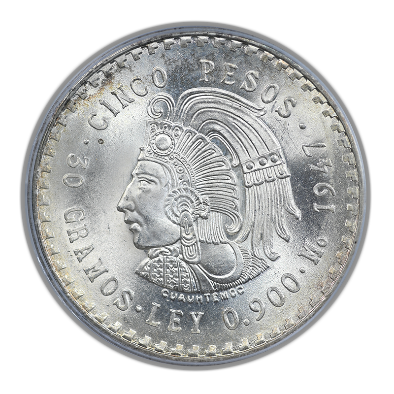 1947-Mo Mexico 5 Silver Peso S5P PCGS MS66 Cuauhtemoc KM-465