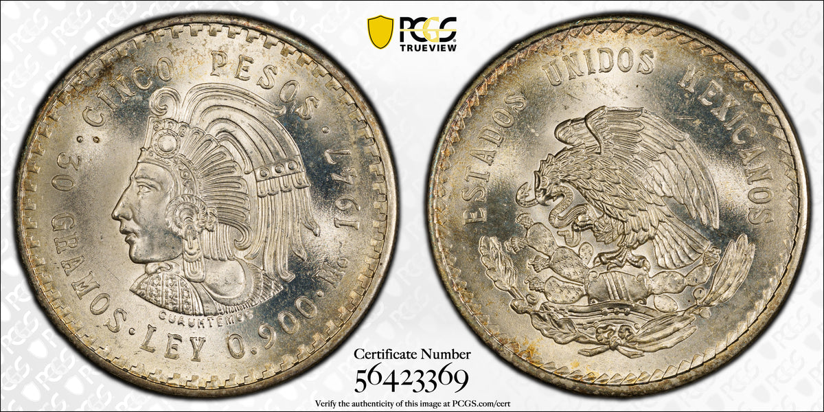 1947-Mo Mexico 5 Silver Peso S5P PCGS MS66 Cuauhtemoc KM-465