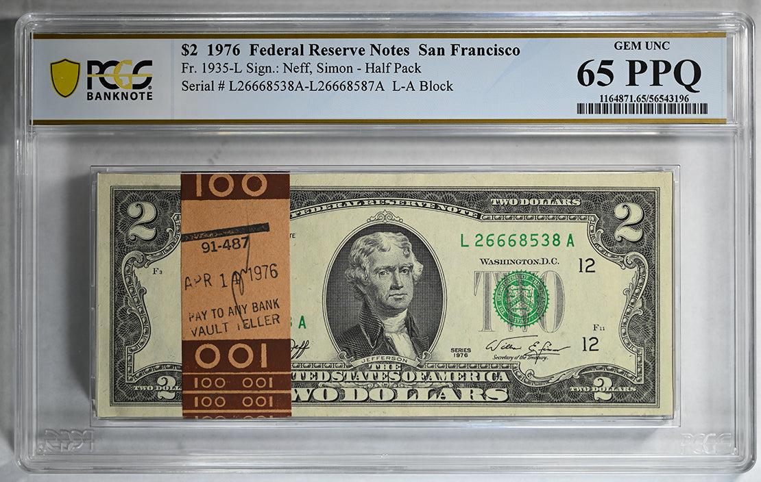 $2 1976 Federal Reserve Notes San Francisco PCGS Banknote Gem Uncirculated 65 PPQ Fr#1935-L