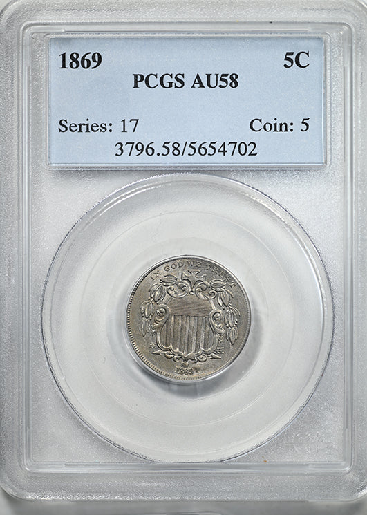 1869 Shield Nickel 5C PCGS AU58