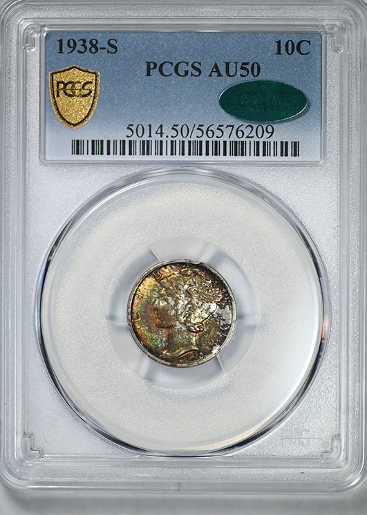 1938-S Mercury Dime 10C PCGS AU50 CAC - TONED!