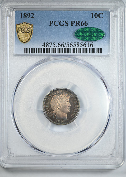1892 Proof Barber Dime 10C PCGS PR66 CAC - TONED!