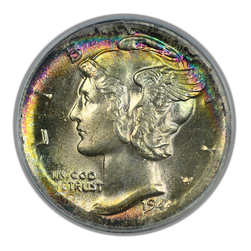 1944 Mercury Dime 10C PCGS MS64 Mint Error Broadstruck out of Collar - TONED! Obverse