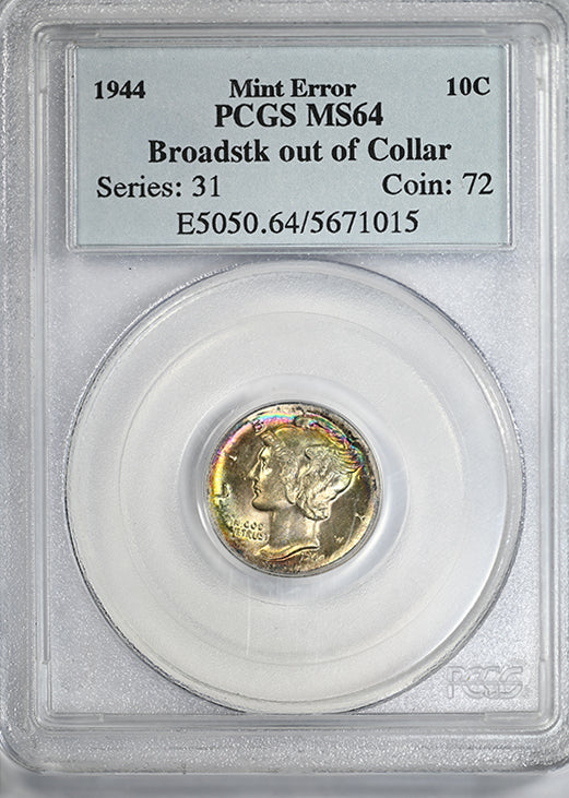 1944 Mercury Dime 10C PCGS MS64 Mint Error Broadstruck out of Collar - TONED! Obverse Slab