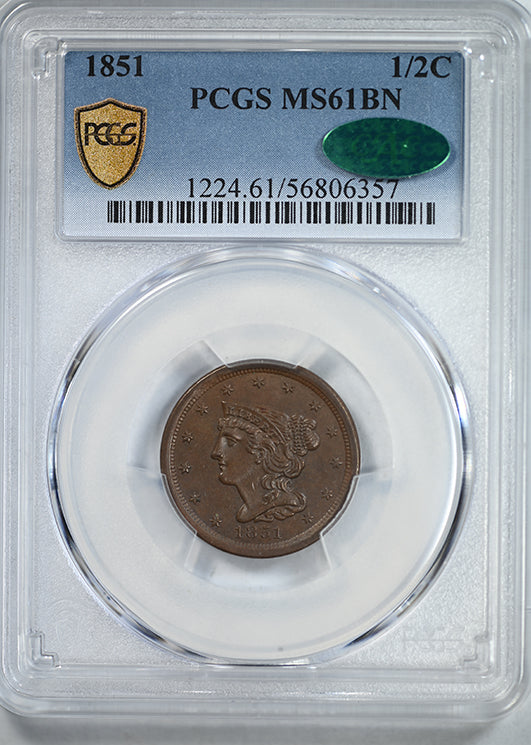 1851 Braided Hair Half Cent 1/2C PCGS MS61BN CAC