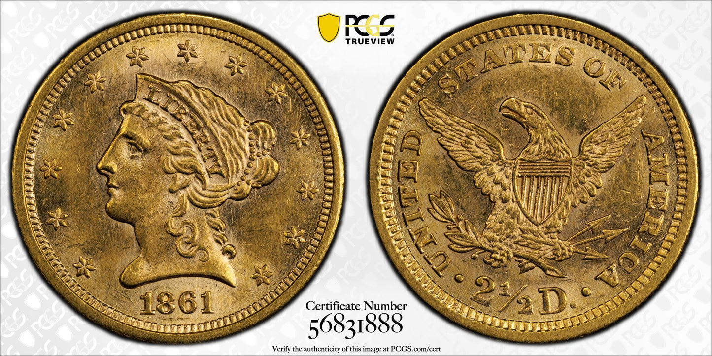 1861 Liberty Head Gold Quarter Eagle $2.50 PCGS MS61 - New Reverse