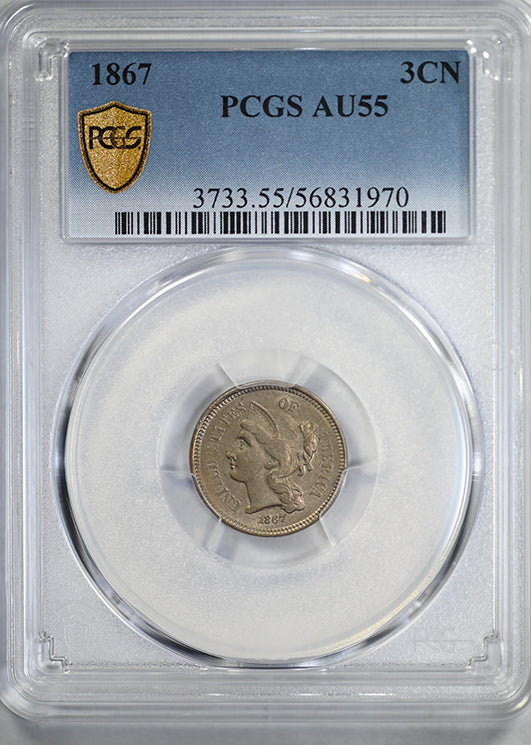 1867 Three Cent Nickel Piece 3CN PCGS AU55