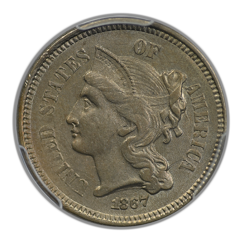 1867 Three Cent Nickel Piece 3CN PCGS AU55