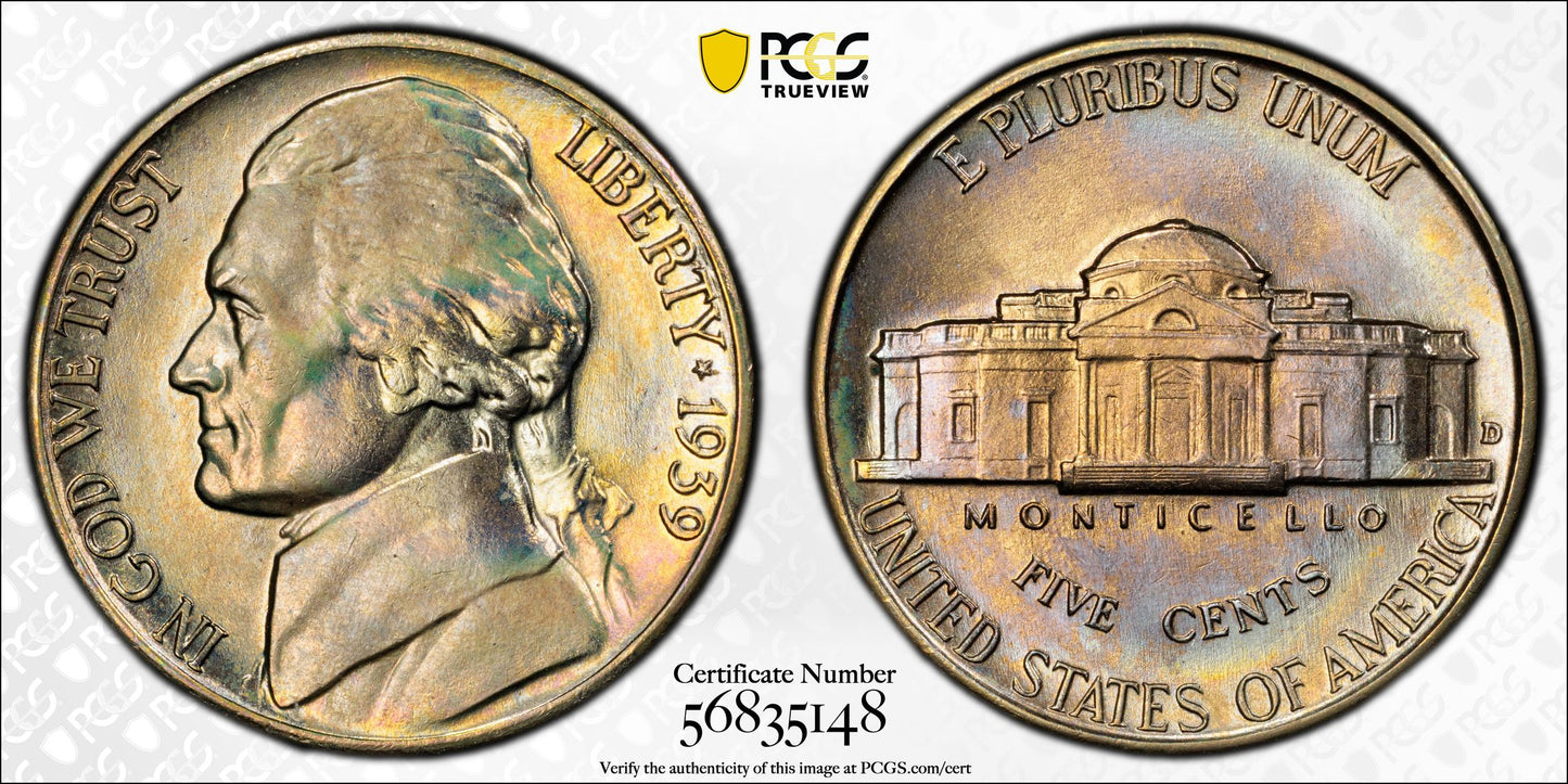 1939-D Jefferson Nickel 5C PCGS MS66 - Reverse of 1940 - TONED!